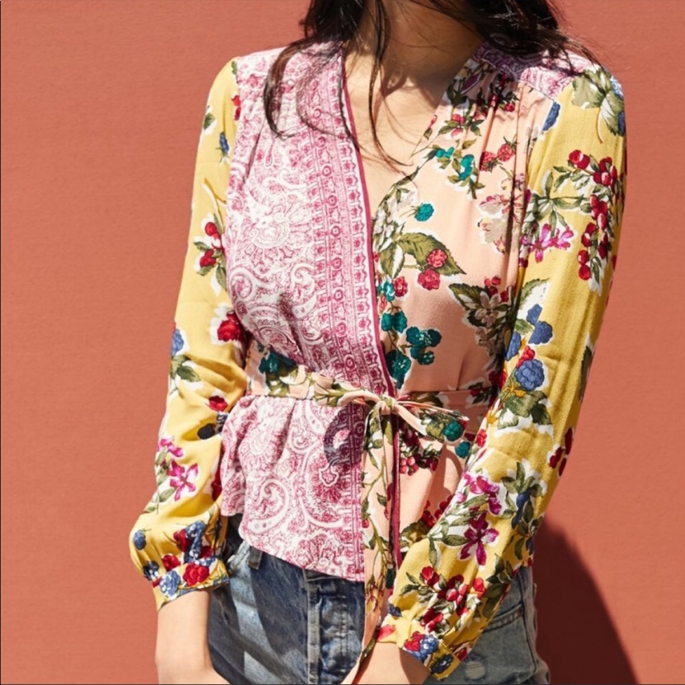 Anthropologie Floral Patchwork Wrap Blouse